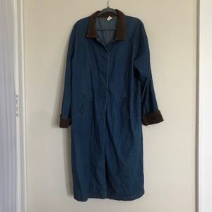 Vintage Oversized Blue Corduroy Collar Long Denim Duster Size XL/18-20